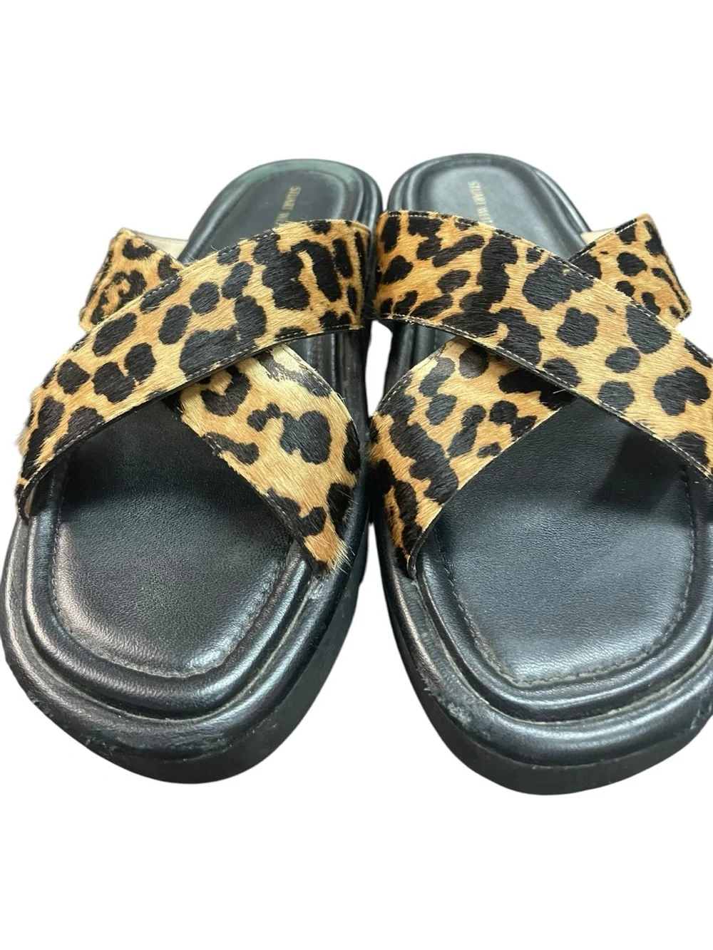 Stuart Weitzman Elodie Leopard Print Cross Lug Slide Sandals Black